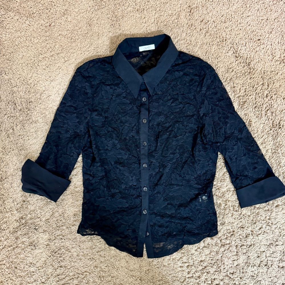 Y2K Cache Fitted Sheer Lace Button Up Shirt 3/4 Sleeve Medium Dark Romance Goth